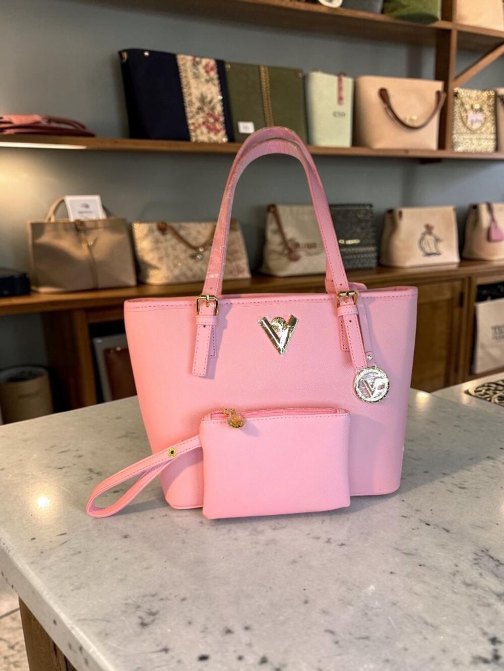 Pink Faux Leather Mid-Sized Tote with Accessory Pouch by Valentino Orlandi  NWT